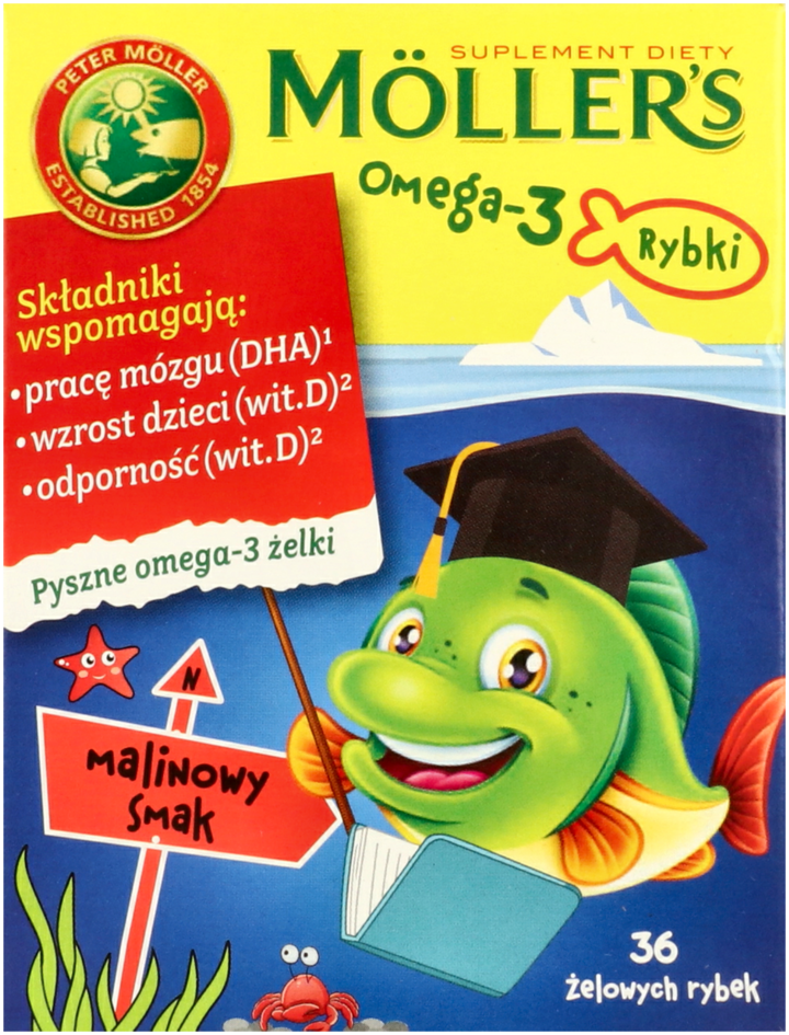 MÖLLER'S, Omega3 Rybki , żelki o smaku malinowym, suplement diety, 36