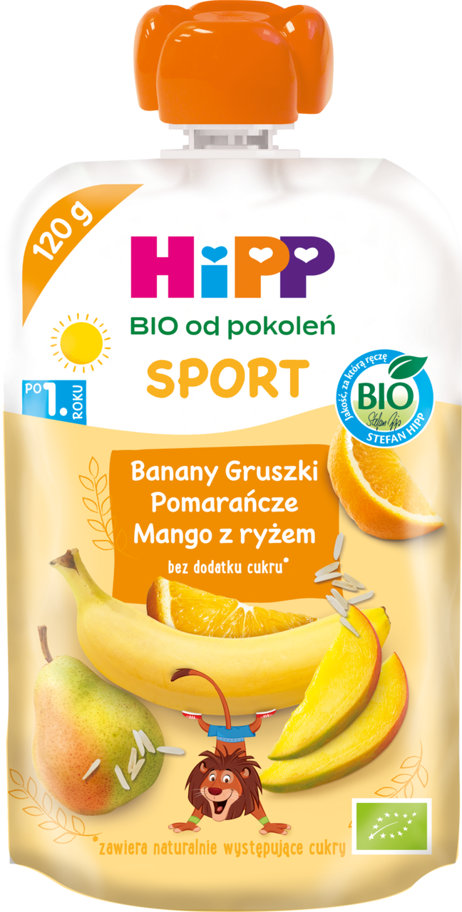 HIPP, BIO od pokoleń Sport, mus owocowo-zbożowy w tubce, Banany, Gruszki, Pomarańcze, Mango z ryżem, 1rż+, 120 g