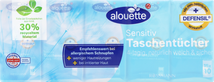 ALOUETTE, Sensitiv, chusteczki higieniczne, 4-warstwowe, 15 x 10 szt.