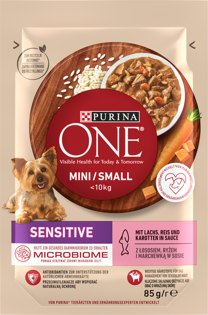 PURINA ONE, Mini, karma pełnoporcjowa mokra dla dorosłych psów, z łososiem, ryżem i marchewką w sosie, 85 g