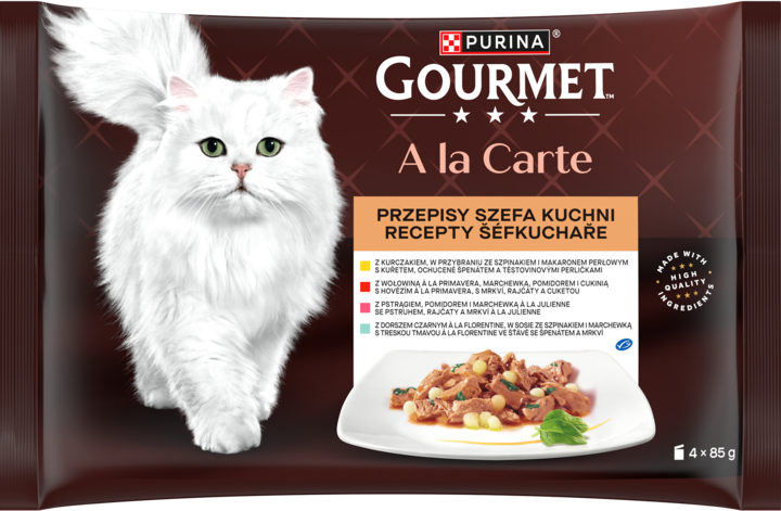 PURINA GOURMET, A la Carte, karma pełnoporcjowa mokra dla dorosłych kotów, Przepisy szefa kuchni, z pstrągiem i warzywami, 4 x 85 g