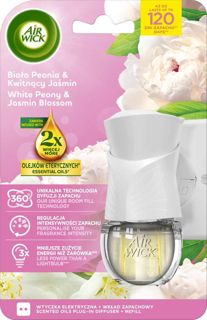 AIR WICK, elektryczny odświeżacz powietrza z wkładem, Biała Peonia & Kwitnący Jaśmin, 19 ml