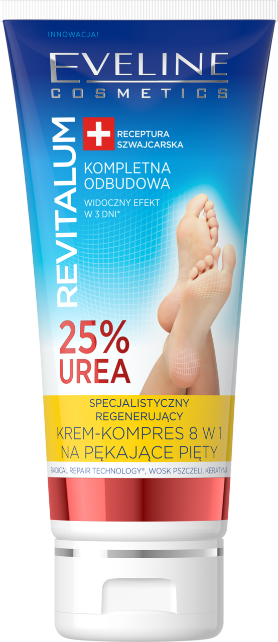 EVELINE COSMETICS, Revitalum, krem-kompres do stóp, specjalistyczny, regenerujący, 8w1, na pękające pięty, 25% Urea, 100 ml