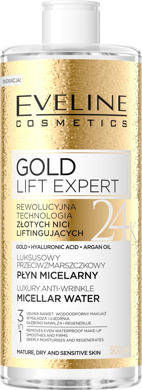 EVELINE COSMETICS, Gold Lift Expert, płyn micelarny, luksusowy, przeciwzmarszczkowy, 3w1, 500 ml