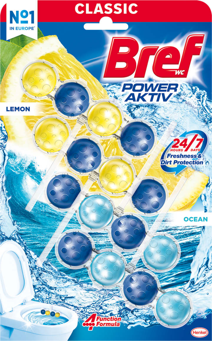 BREF, Classic Power Aktiv, zawieszka do WC, Soczysta Cytryna, Morska Bryza, 4 x 50 g