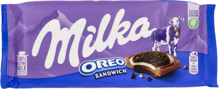 MILKA, Oreo, ciastka kakaowe i nadzienie mleczne o smaku waniliowym na czekoladzie mlecznej, 92 g