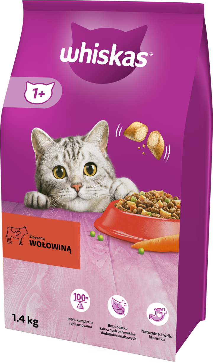 WHISKAS, 1+ lat, karma pełnoporcjowa sucha dla dorosłych kotów, Wołowina, 1,4 kg