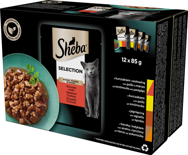 SHEBA, Selection in Sauce, karma pełnoporcjowa mokra dla dorosłych kotów, Soczyste Smaki, w sosie, 12x85 g