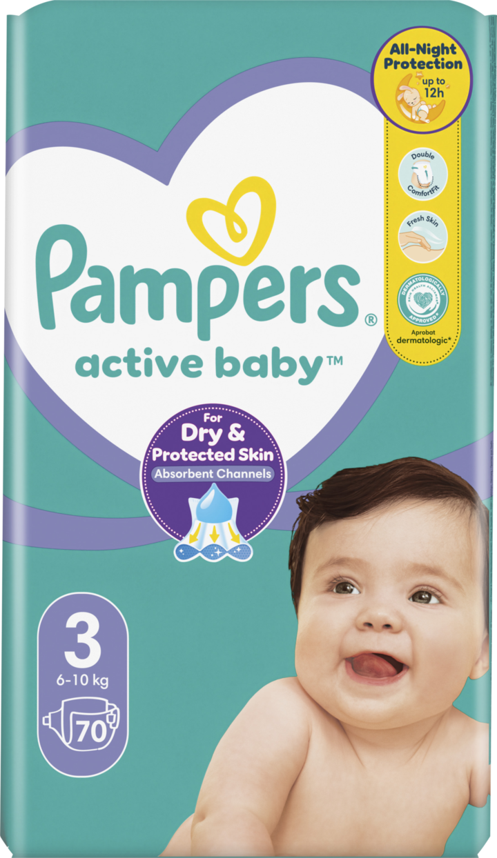 PAMPERS, Active Baby, pieluchy, 3, 6-10 kg,, 70 szt.