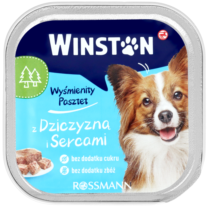 WINSTON, karma pełnoporcjowa mokra dla dorosłych psów, z dziczyzną i sercami, 150 g