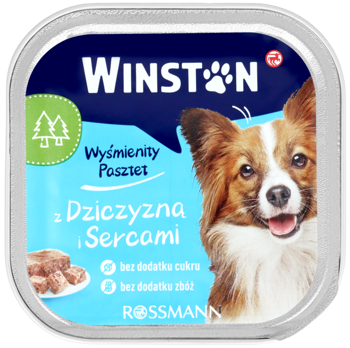 WINSTON, karma pełnoporcjowa mokra dla dorosłych psów, z dziczyzną i sercami, 150 g
