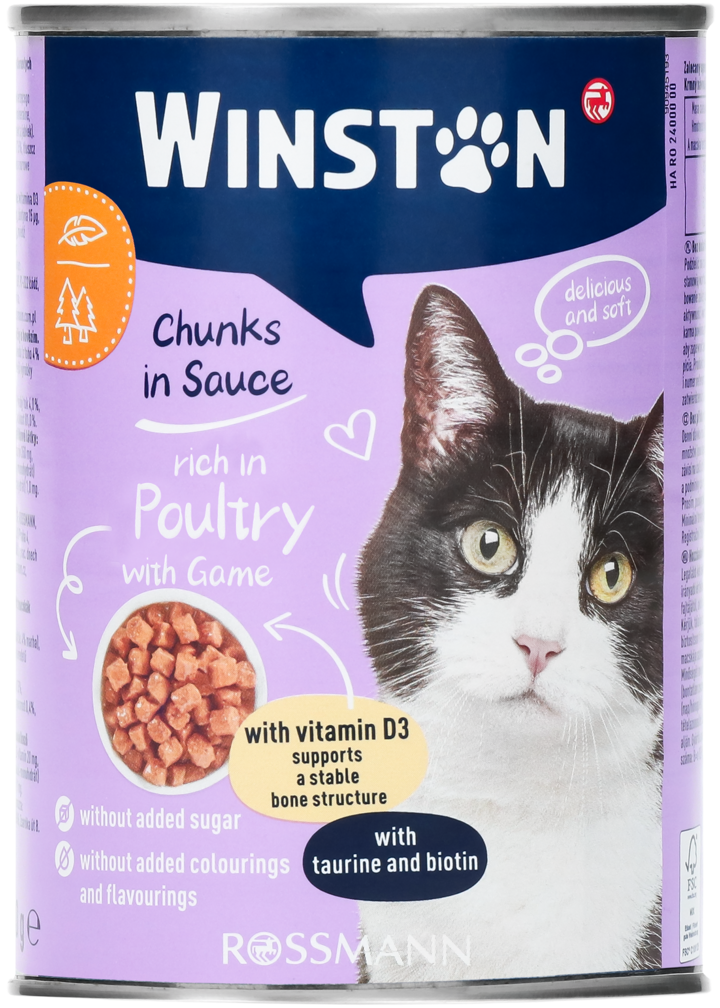 WINSTON, Chunks in Sauce, karma pełnoporcjowa mokra dla dorosłych kotów, z dziczyzną i drobiem, 400 g