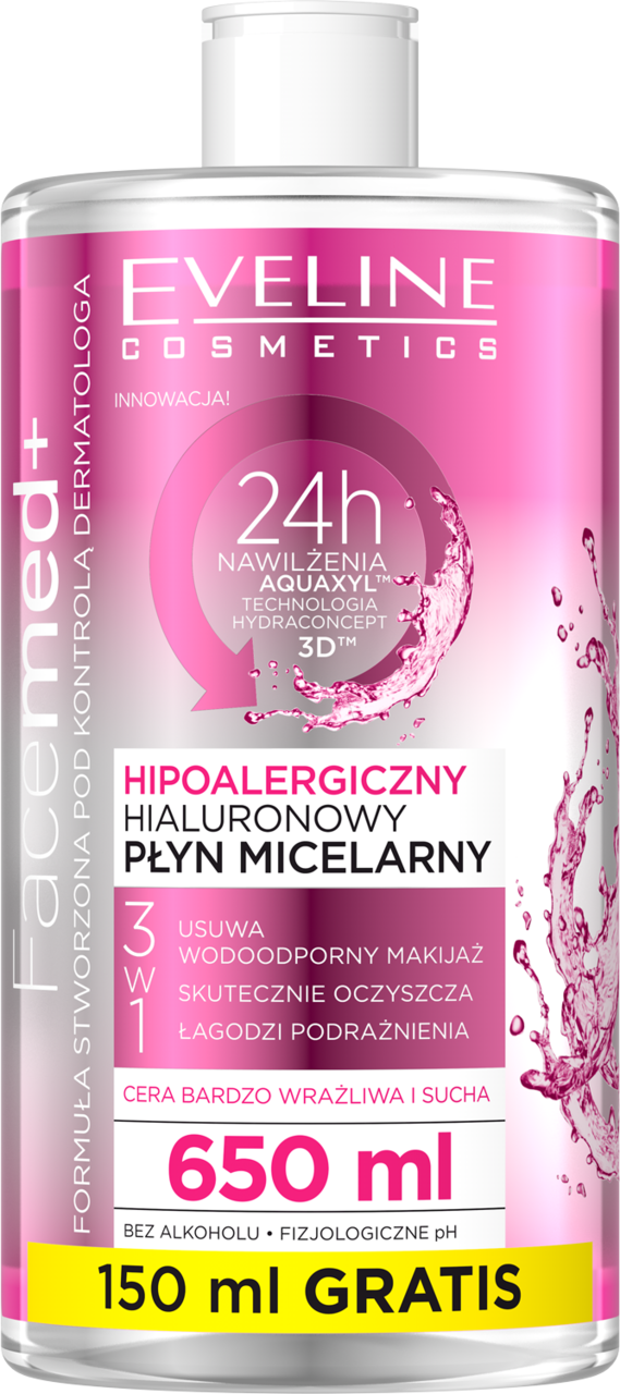 EVELINE COSMETICS, Facemed+, płyn micelarny, hipoalergiczny, hialuronowy, 3w1, 650 ml
