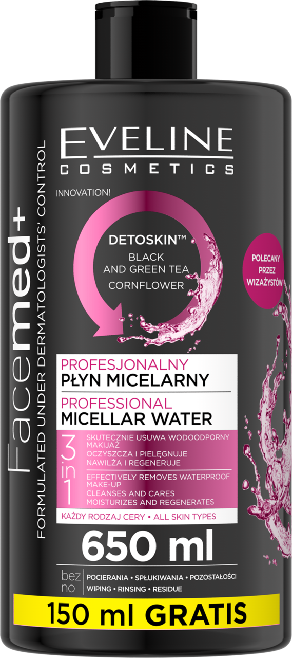 EVELINE COSMETICS, Facemed+, płyn micelarny, profesjonalny, 3w1, 650 ml