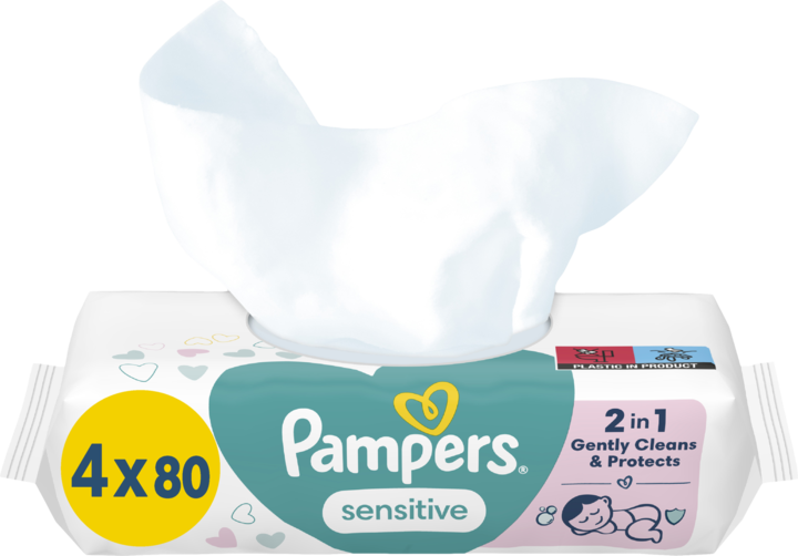 PAMPERS, Sensitive, chusteczki nawilżane dla dzieci, 4 x 80 szt