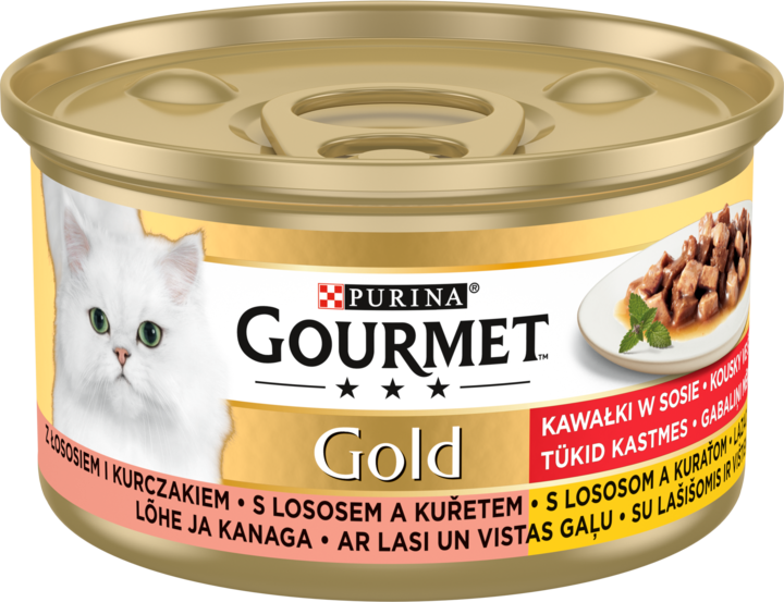 PURINA GOURMET, Gold, karma pełnoporcjowa mokra dla dorosłych kotów, Łosoś z Kurczakiem, Kawałki w smakowitym Sosie, 85 g