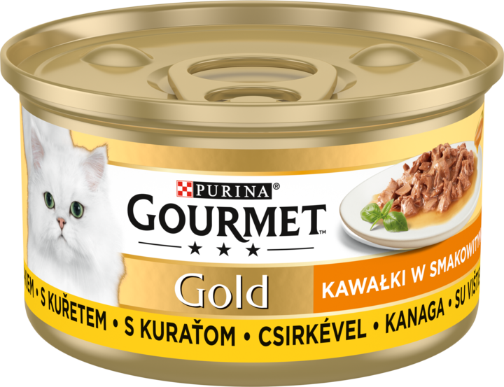 PURINA GOURMET, Gold, karma pełnoporcjowa mokra dla dorosłych kotów, w smakowitym sosie, z kurczakiem, 85 g