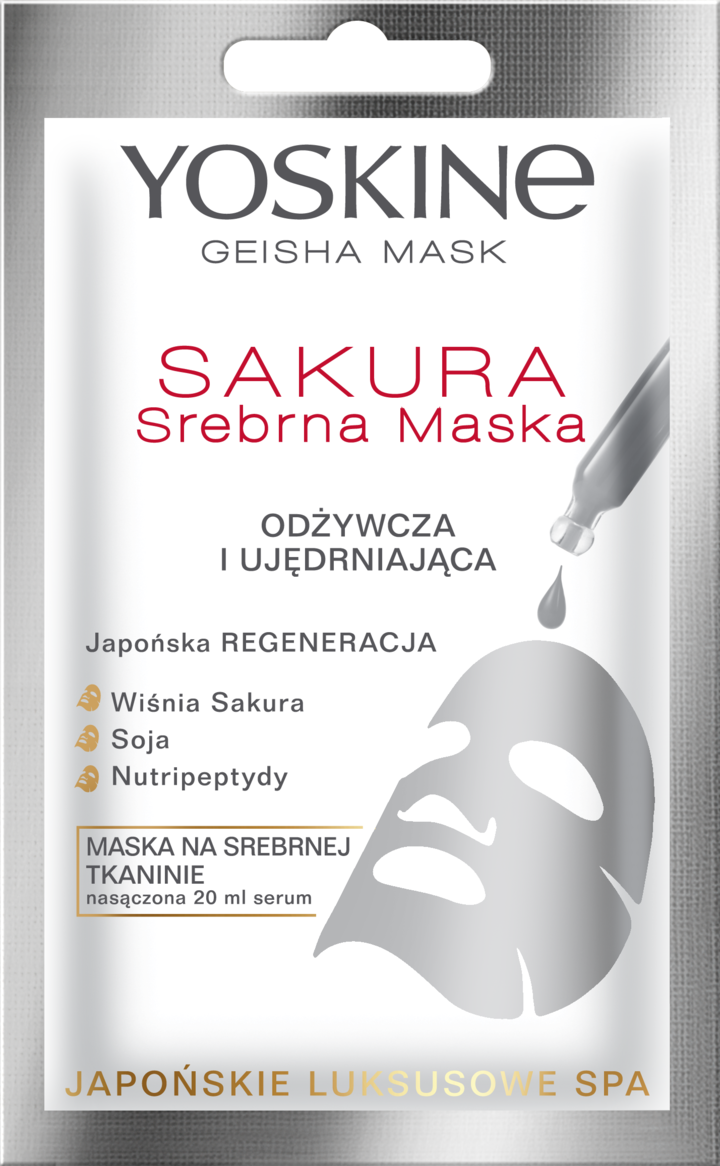 YOSKINE, Geisha Mask Sakura, maska w płachcie, odżywcza i ujędrniająca, srebrna, 20 ml