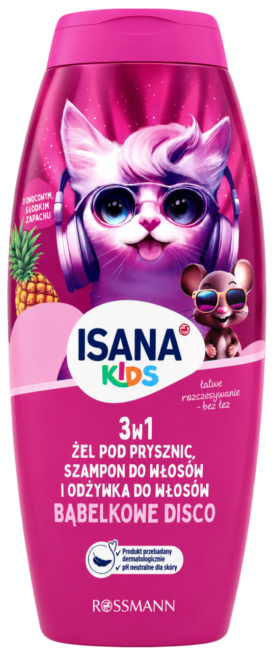 ISANA KIDS, szampon, odżywka i żel pod prysznic dla dzieci, 3w1, Bąbelkowe Disco, 300 ml