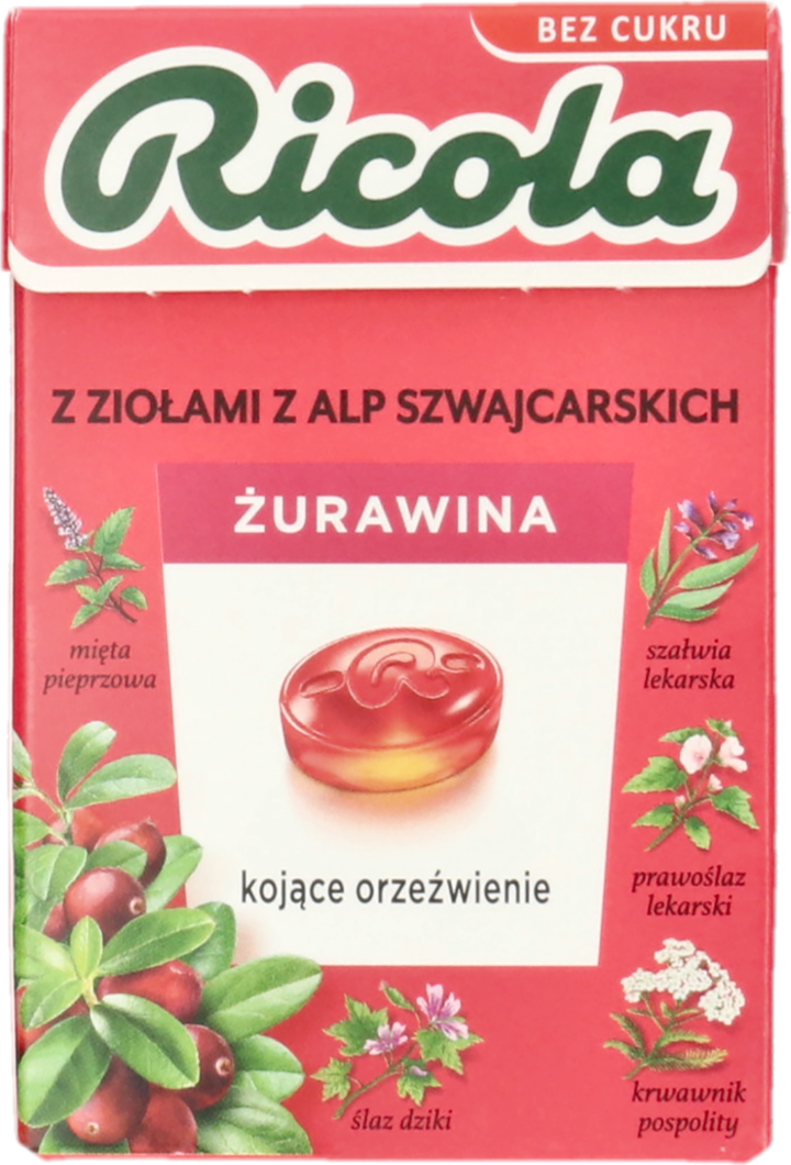 RICOLA, Żurawina, cukierki ziołowe, szwajcarskie, bez cukru, 27,5 g