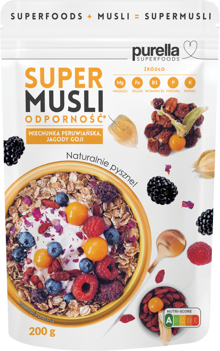 PURELLA SUPERFOODS, Super Musli Odporność, mieszanka płatków zbożowych, Miechunka Peruwiańska, Jagody Goji, 200 g