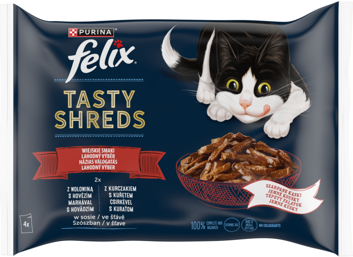 PURINA FELIX, Tasty Shreds, karma pełnoporcjowa mokra dla dorosłych kotów, Wiejskie Smaki, 2 x Wołowina, 2 x Kurczak, w sosie, 4 x 80 g