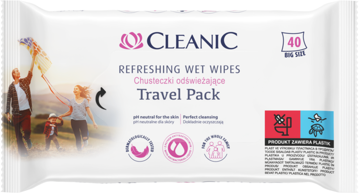 CLEANIC, Antibacterial, chusteczki odświeżające z płynem antybakteryjnym, travel pack, 40 szt.