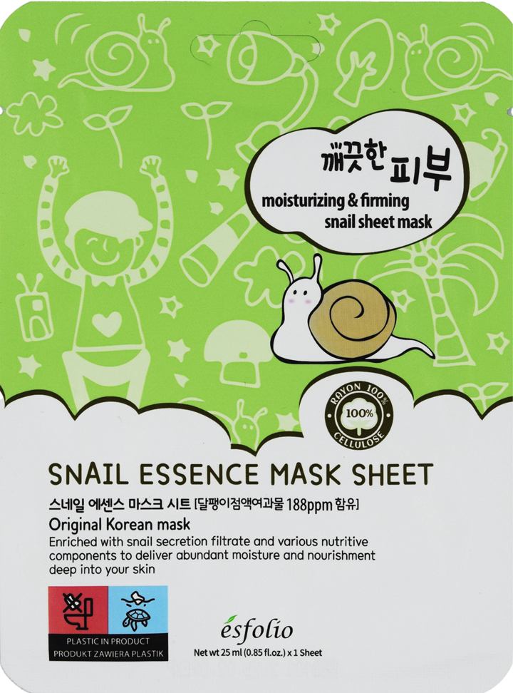 ESFOLIO, Snail, maska w płachcie z ekstraktem ze śluzu ślimaka, kojąco-nawilżająca, 25 ml