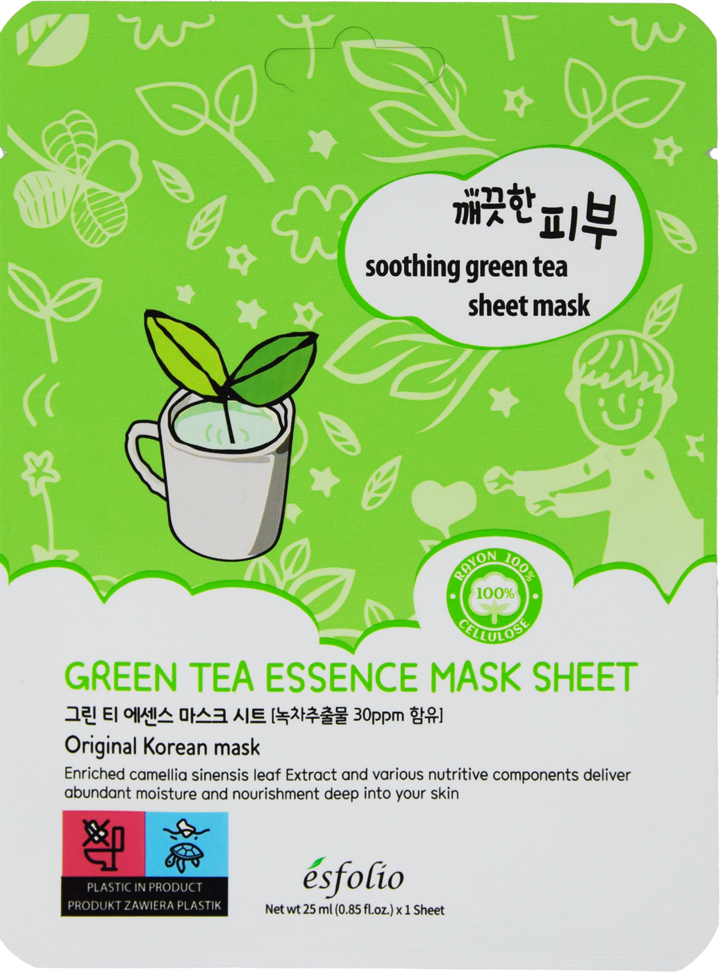 ESFOLIO, Green Tea, maska w płachcie z ekstraktem z zielonej herbaty, kojąca, 25 ml