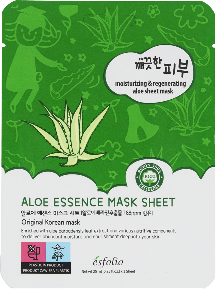 ESFOLIO, Aloe, maska w płachcie z ekstraktem z liści aloesu, nawilżająco-regenerująca, 25 ml