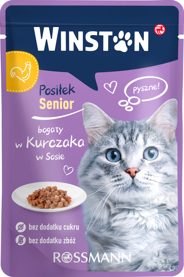 WINSTON, Senior, karma pełnoporcjowa mokra dla dorosłych kotów, powyżej 7 roku życia, z kurczakiem w sosie, 100 g