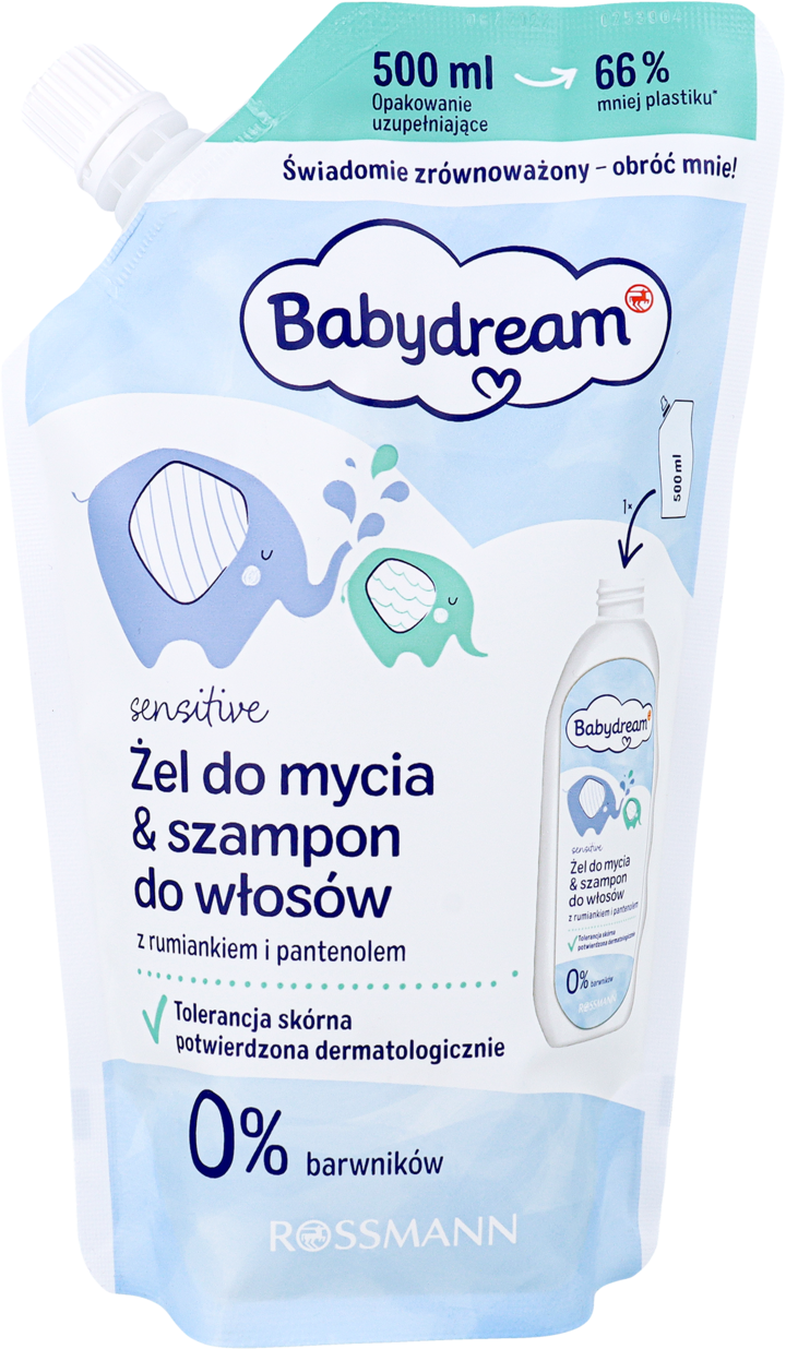 BABYDREAM, Sensitive, żel do mycia i szampon do włosów, zapas, 500 ml