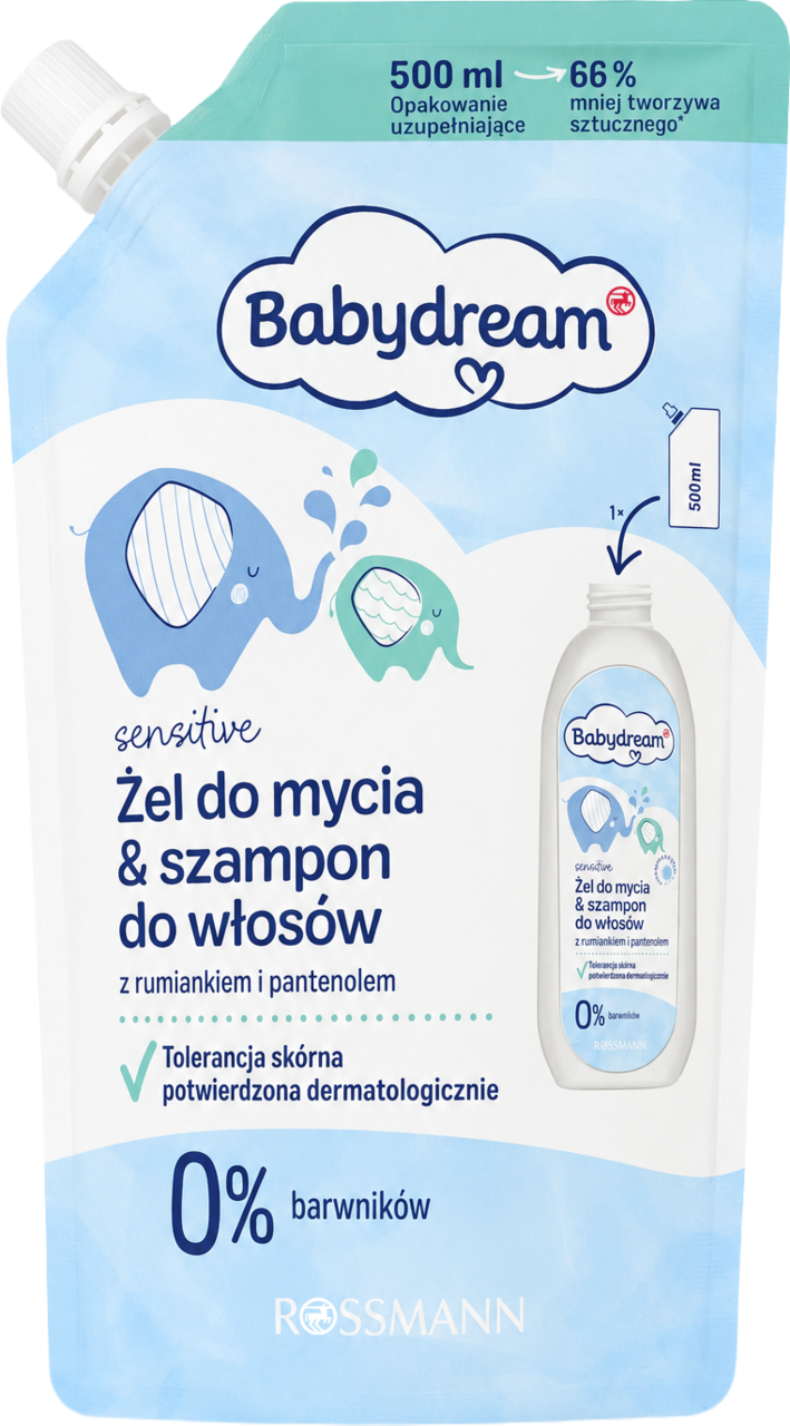 BABYDREAM, Sensitive, żel do mycia i szampon do włosów, zapas, 500 ml