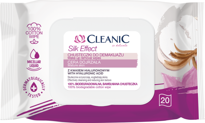 CLEANIC, Silk Effect, chusteczki do demakijażu do skóry dojrzałej, z kwasem hialuronowym, 20 szt.