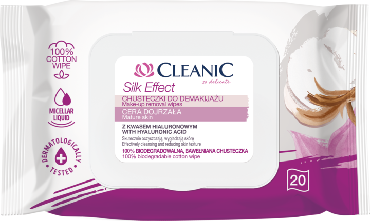 CLEANIC, Silk Effect, chusteczki do demakijażu do skóry dojrzałej, z kwasem hialuronowym, 20 szt.