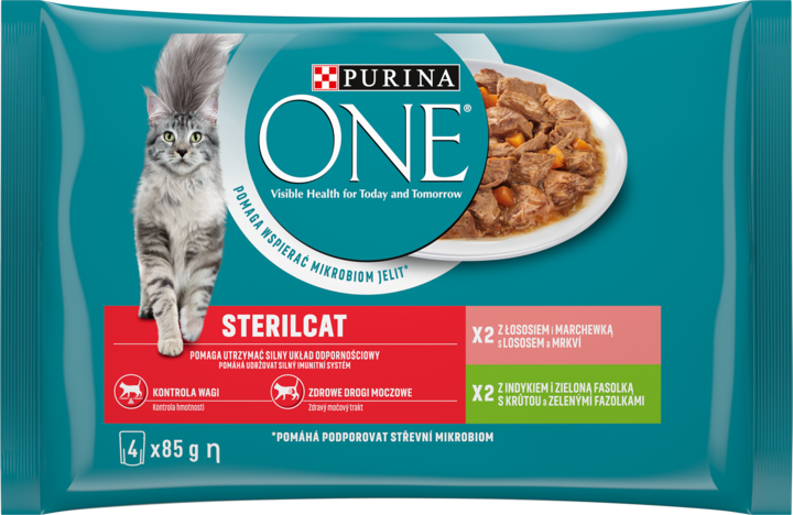 PURINA ONE, Sterilcat, karma pełnoporcjowa mokra dla kotów sterylizowanych i kastrowanych, 2x z indykiem, 2x z łososiem, 4 x 85 g