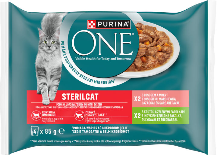 PURINA ONE, Sterilcat, karma pełnoporcjowa mokra dla dorosłych kotów sterylizowanych i kastrowanych, 2 x Łosoś z Marchewką, 2 x Indyk z Zieloną Fasolką, w sosie, 4 x 85 g