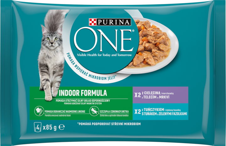 PURINA ONE, Indoor Formula, karma pełnoporcjowa mokra dla kotów przebywających w domu, 2x z cielęciną, 2x z tuńczykiem, 4 x 85 g