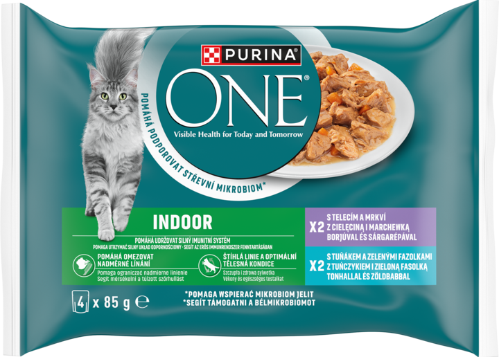 PURINA ONE, Indoor Formula, karma pełnoporcjowa mokra dla dorosłych kotów przebywających w domu, 2 x Cielęcina z Marchewką, 2 x Tuńczyk z Zieloną Fasolką, w sosie, 4 x 85 g