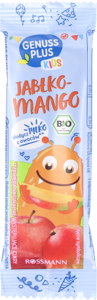 GENUSS PLUS, Kids, zbożowo-owocowy batonik Jabłko, Banan, Gruszka, Mango, 25 g