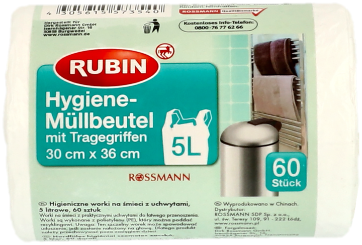 RUBIN, worki na śmieci z uchwytem, poj. 5 L, 60 szt.