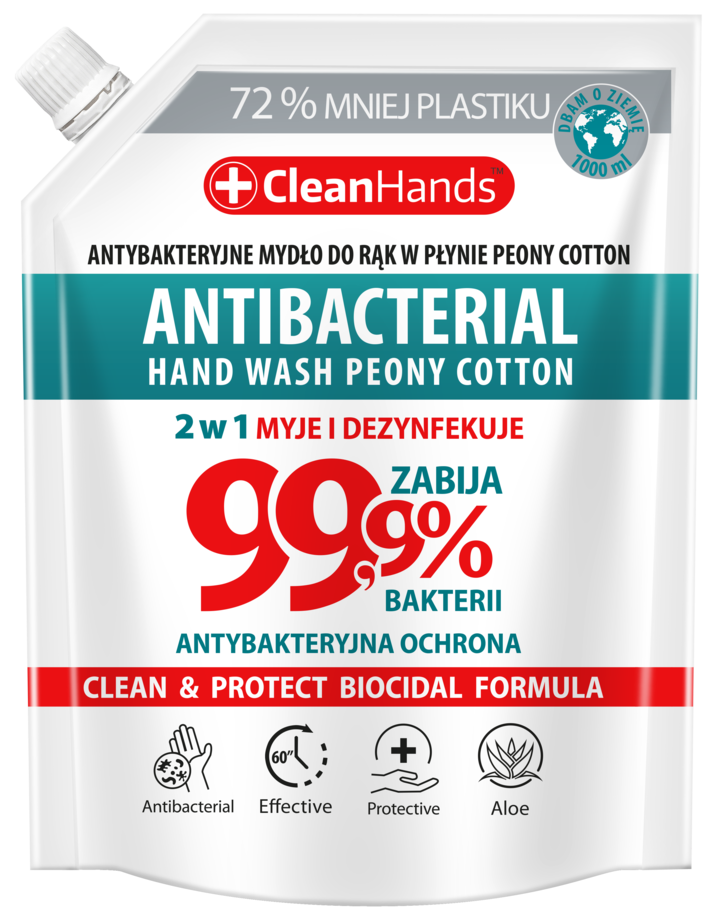 CLEANHANDS, mydło w płynie, do rąk, antybakteryjne, Peony & Cotton, 1000 ml