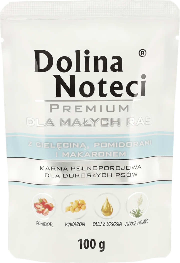 DOLINA NOTECI, Premium Dla Małych Ras, karma pełnoporcjowa mokra dla dorosłych psów, z cielęciną, pomidorami i makaronem, 100 g