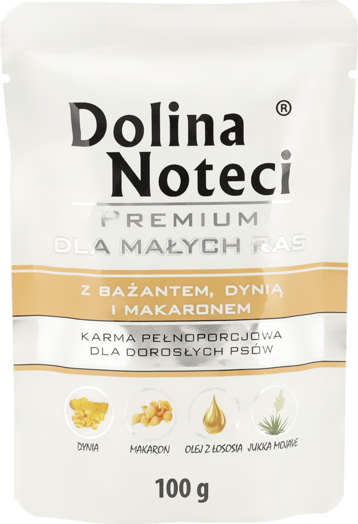 DOLINA NOTECI, Premium Dla Małych Ras, karma pełnoporcjowa mokra dla dorosłych psów, z bażantem, dynią i makaronem, 100 g