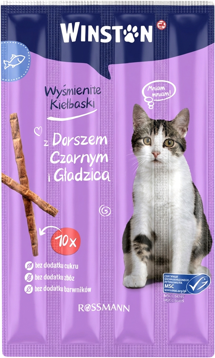 WINSTON, karma uzupełniająca dla dorosłych kotów, delikatne kiełbaski z dorszem czarnym i gładzicą, 10x5 g