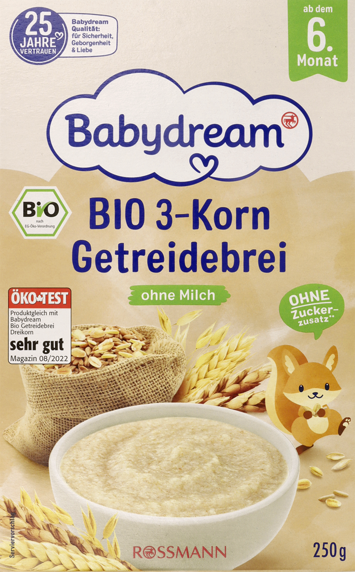BABYDREAM, kaszka bezmleczna, 3 zboża, Bio, od 6. m-ca życia, 250 g