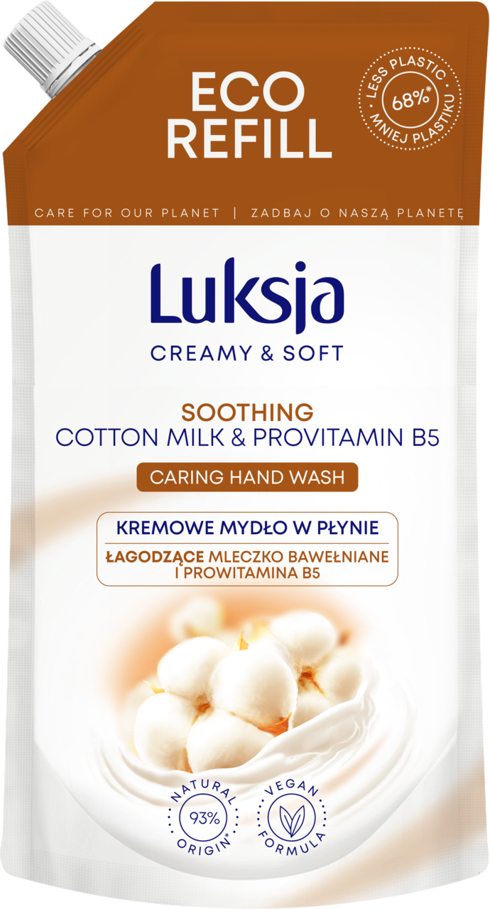 LUKSJA, Creamy & Soft, mydło w płynie, do rąk, kremowe, łagodzące, Mleczko bawełniane i Prowitamina B5, zapas, 400 ml