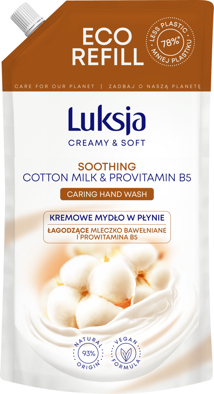 LUKSJA, Creamy & Soft, mydło w płynie, do rąk, kremowe, łagodzące, Mleczko bawełniane i Prowitamina B5, zapas, 900 ml