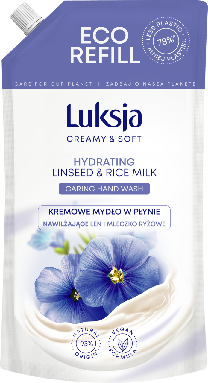 LUKSJA, Creamy & Soft, mydło w płynie, do rąk, kremowe, nawilżające, Len i Mleczko ryżowe, zapas, 900 ml