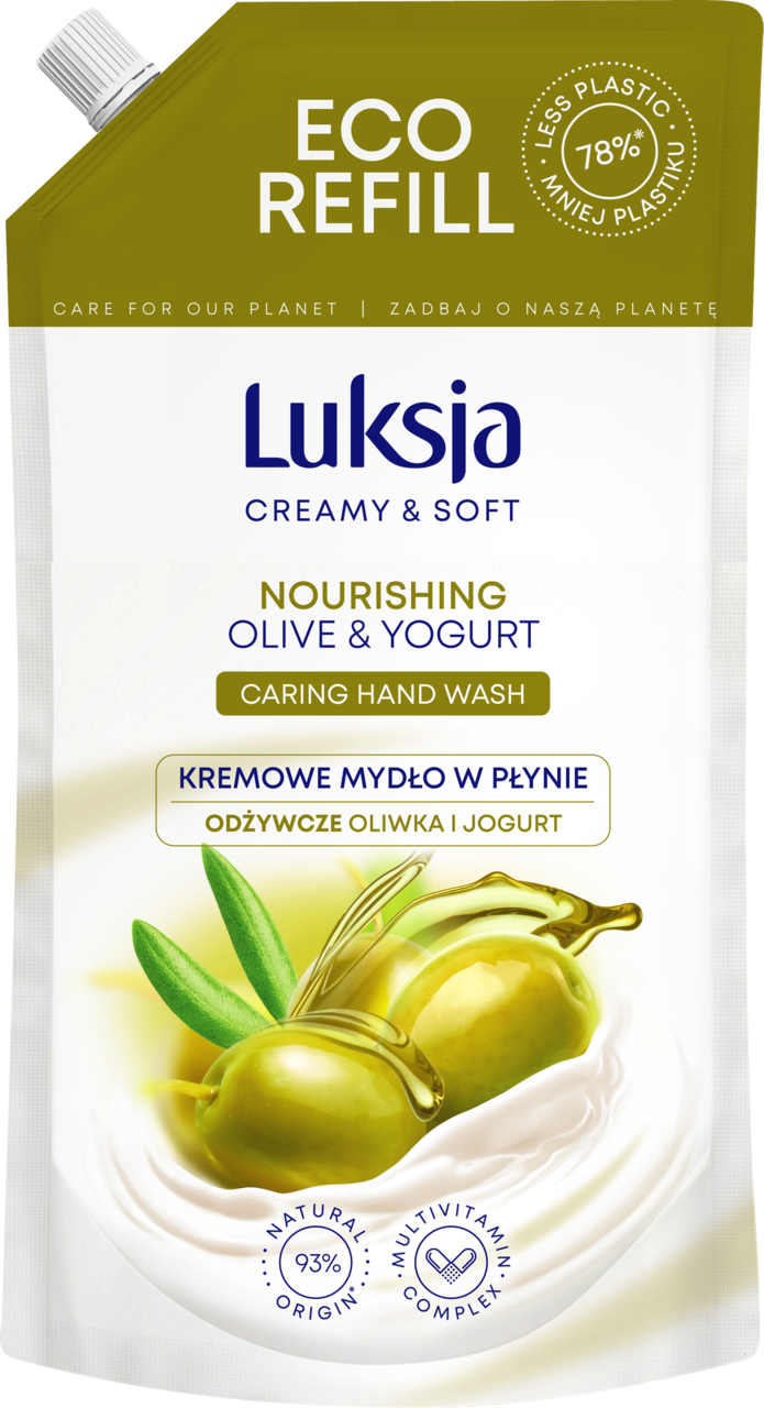 LUKSJA, Creamy & Soft, mydło w płynie, do rąk, kremowe, odżywcze, Oliwka i Jogurt, zapas, 900 ml